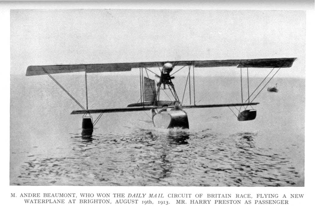 The french aviator André Beaumont takes Harry Preston for a flight in his seaplane